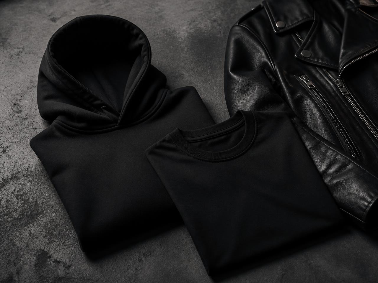 Hoodie, t-shirt noir et veste de cuir Brigands sur béton gris